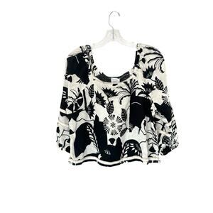 Nicole Miller Black White Linen Lagenlook Knit Vacation Puff Sleeve Blouse Small